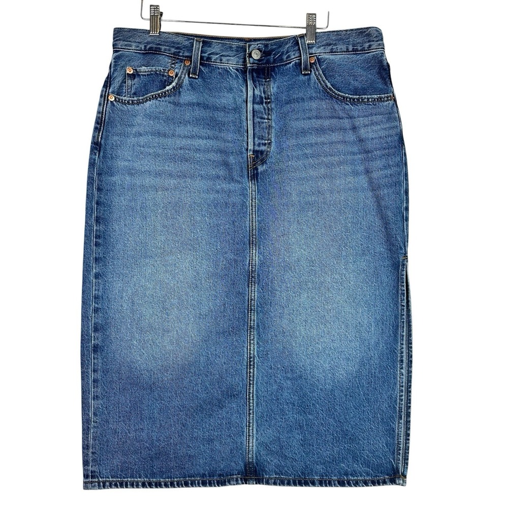 Levi's Premium Side Slit Denim Midi Skirt Womens 32 Blue Button Fly Cotton Blend